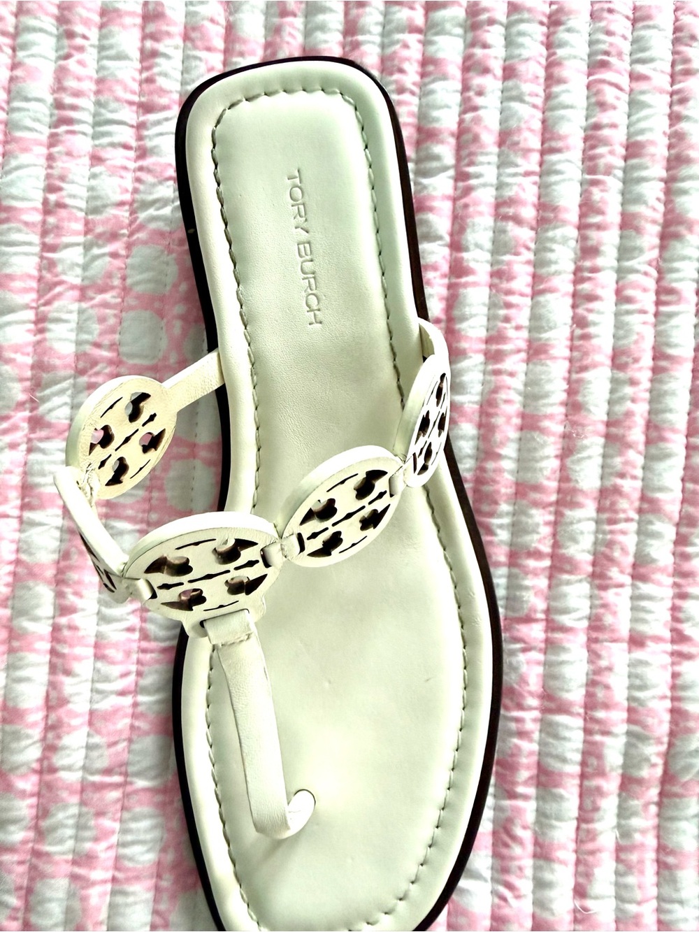 Tory Burch Cream Miller Logo Thong Sandals in box - Picture 4 of 11